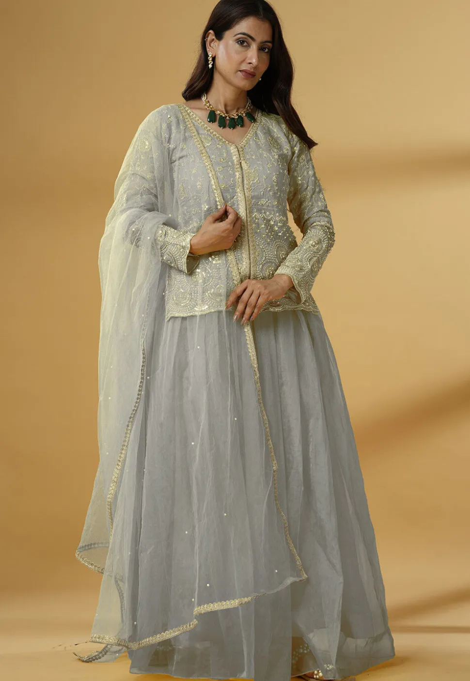 Embroidered Organza Lehenga in Grey