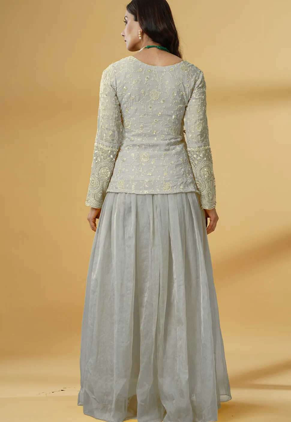 Embroidered Organza Lehenga in Grey