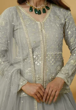 Embroidered Organza Lehenga in Grey