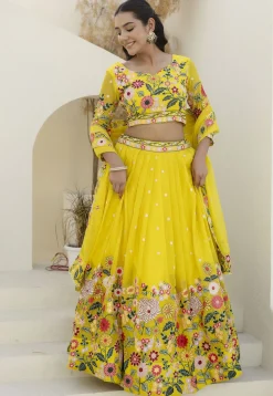 Embroidered Organza Lehenga in Yellow