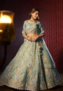 Embroidered Organza Lehenga in Sea Green