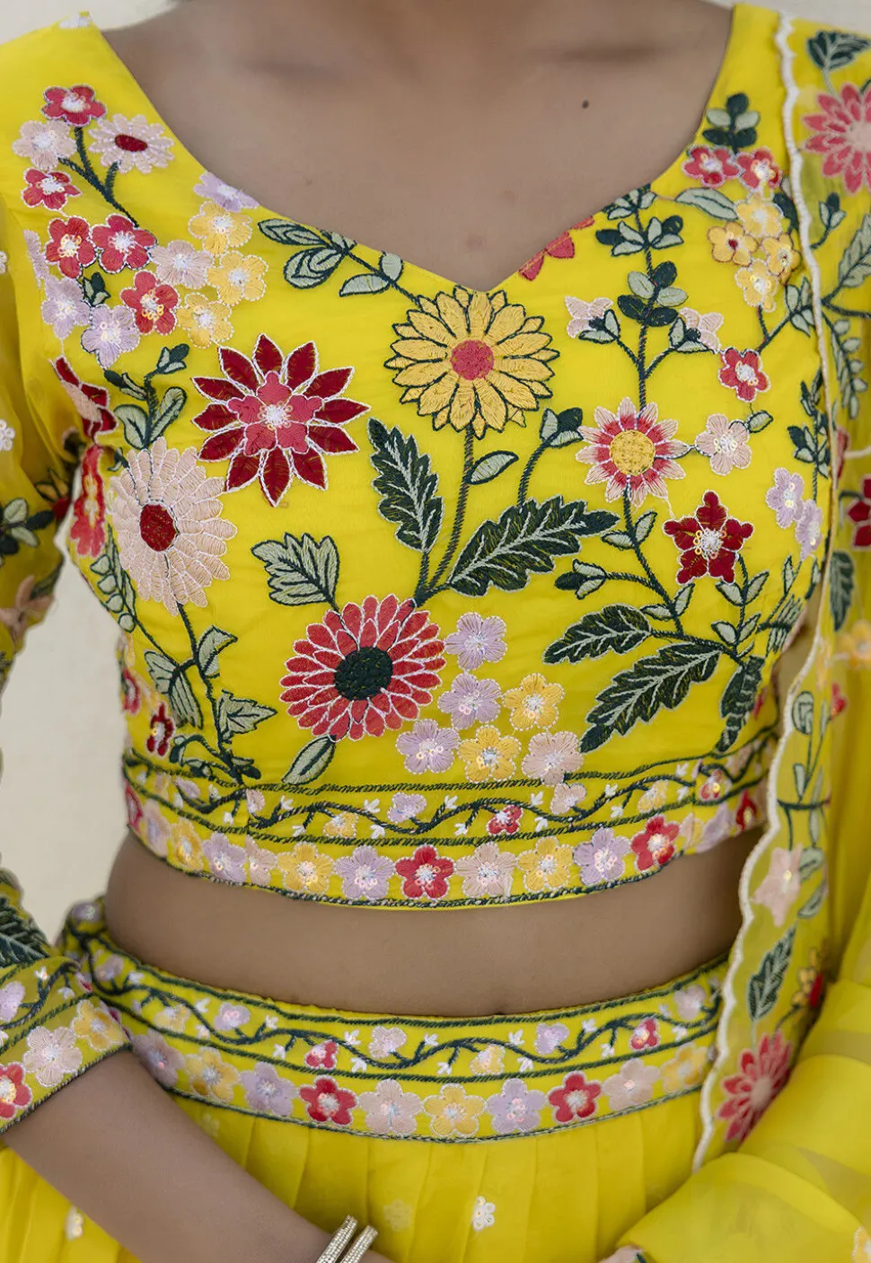 Embroidered Organza Lehenga in Yellow