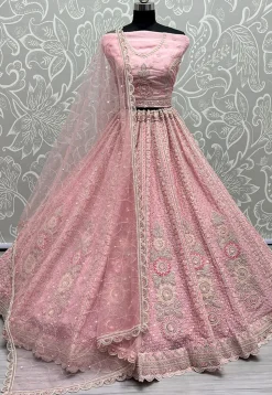 Embroidered Organza Lehenga in Pink