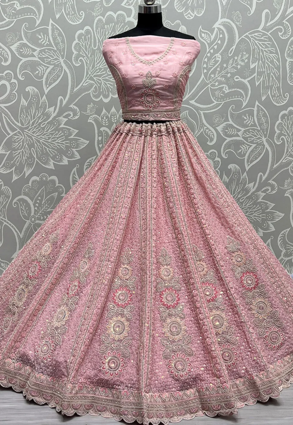Embroidered Organza Lehenga in Pink