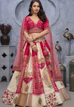 Embroidered Organza Lehenga in Cream and Fuchsia