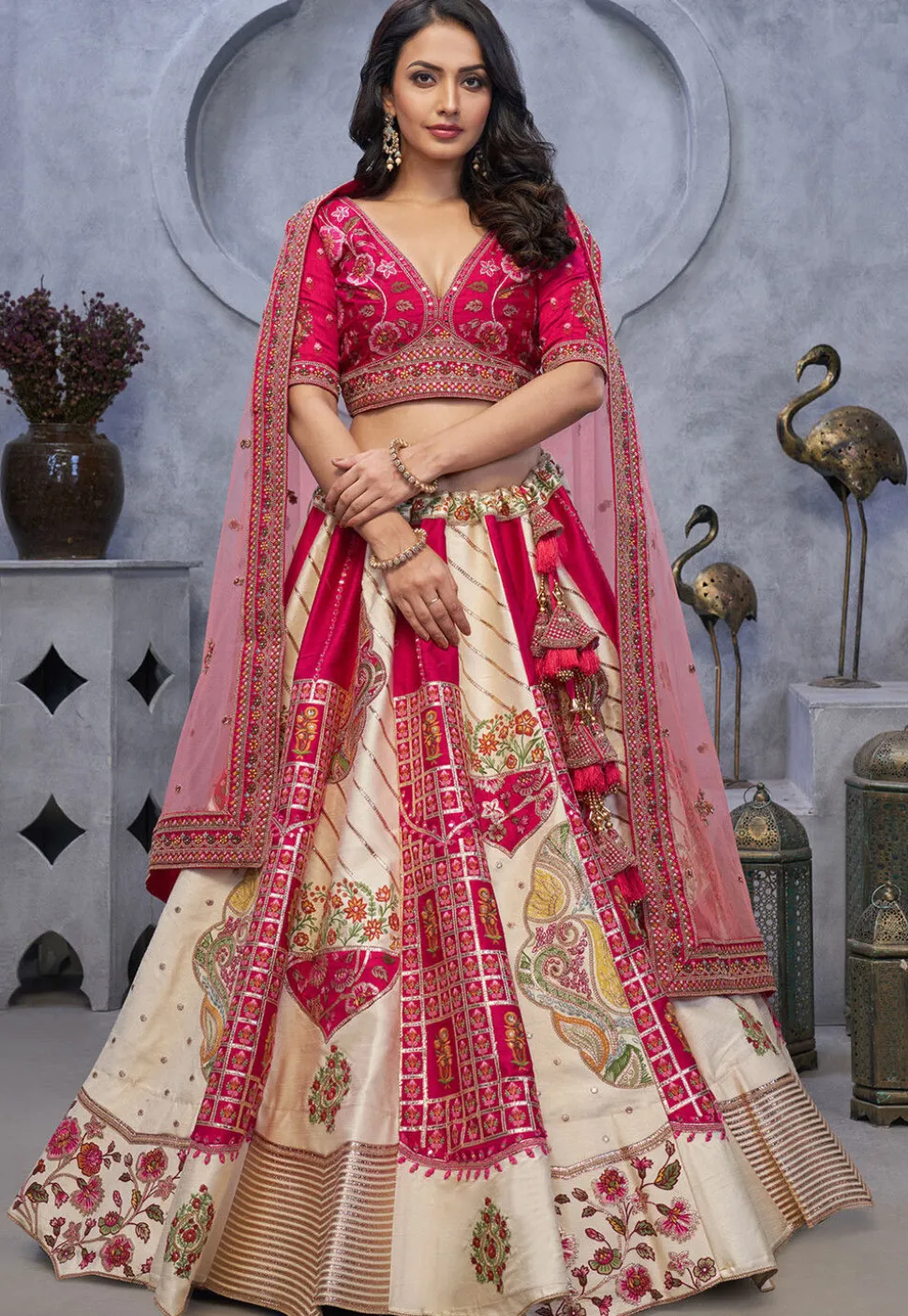 Embroidered Organza Lehenga in Cream and Fuchsia