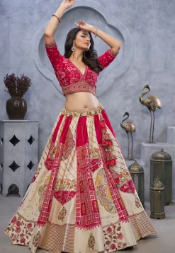 Embroidered Organza Lehenga in Cream and Fuchsia