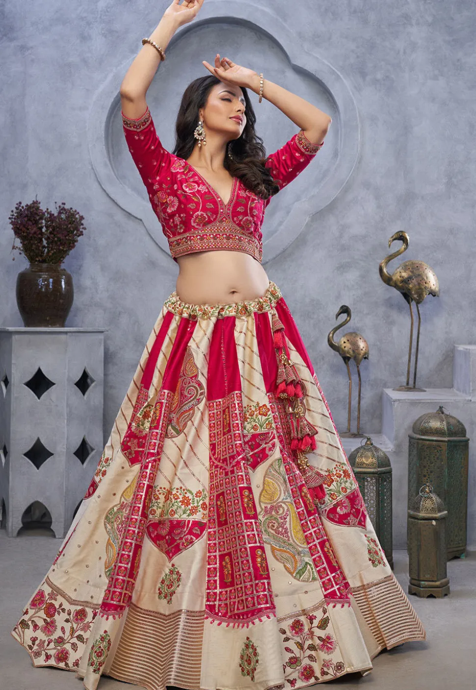 Embroidered Organza Lehenga in Cream and Fuchsia