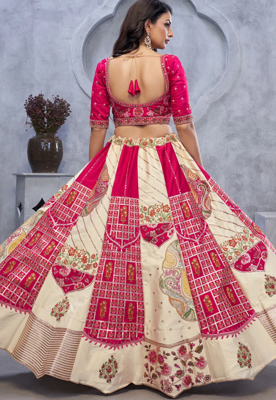 Embroidered Organza Lehenga in Cream and Fuchsia