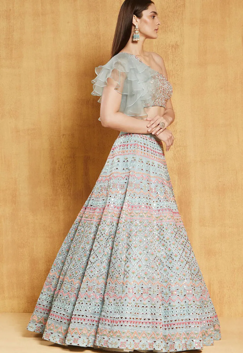 Embroidered Organza Lehenga in Sky Blue
