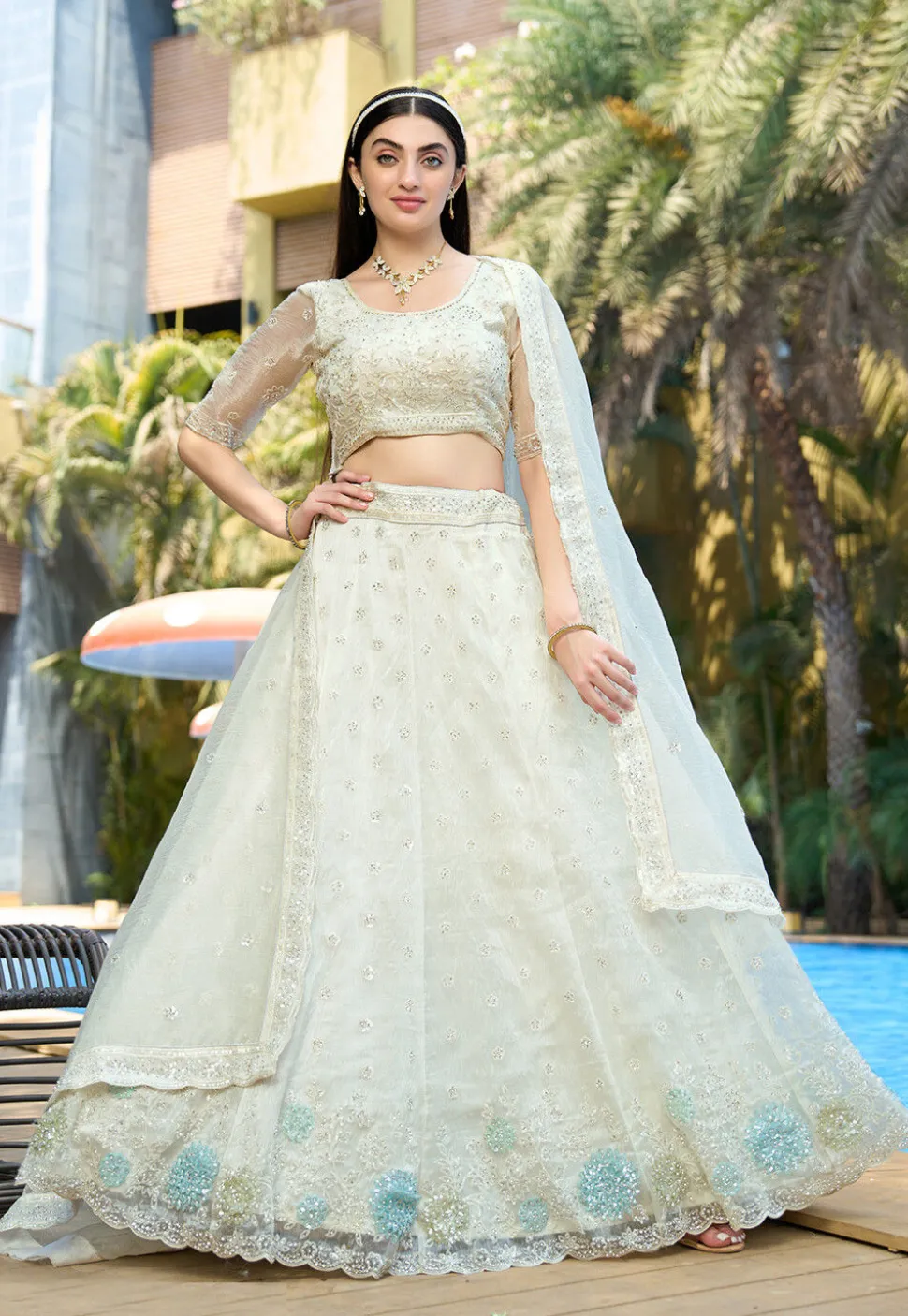 Embroidered Organza Lehenga in Off White