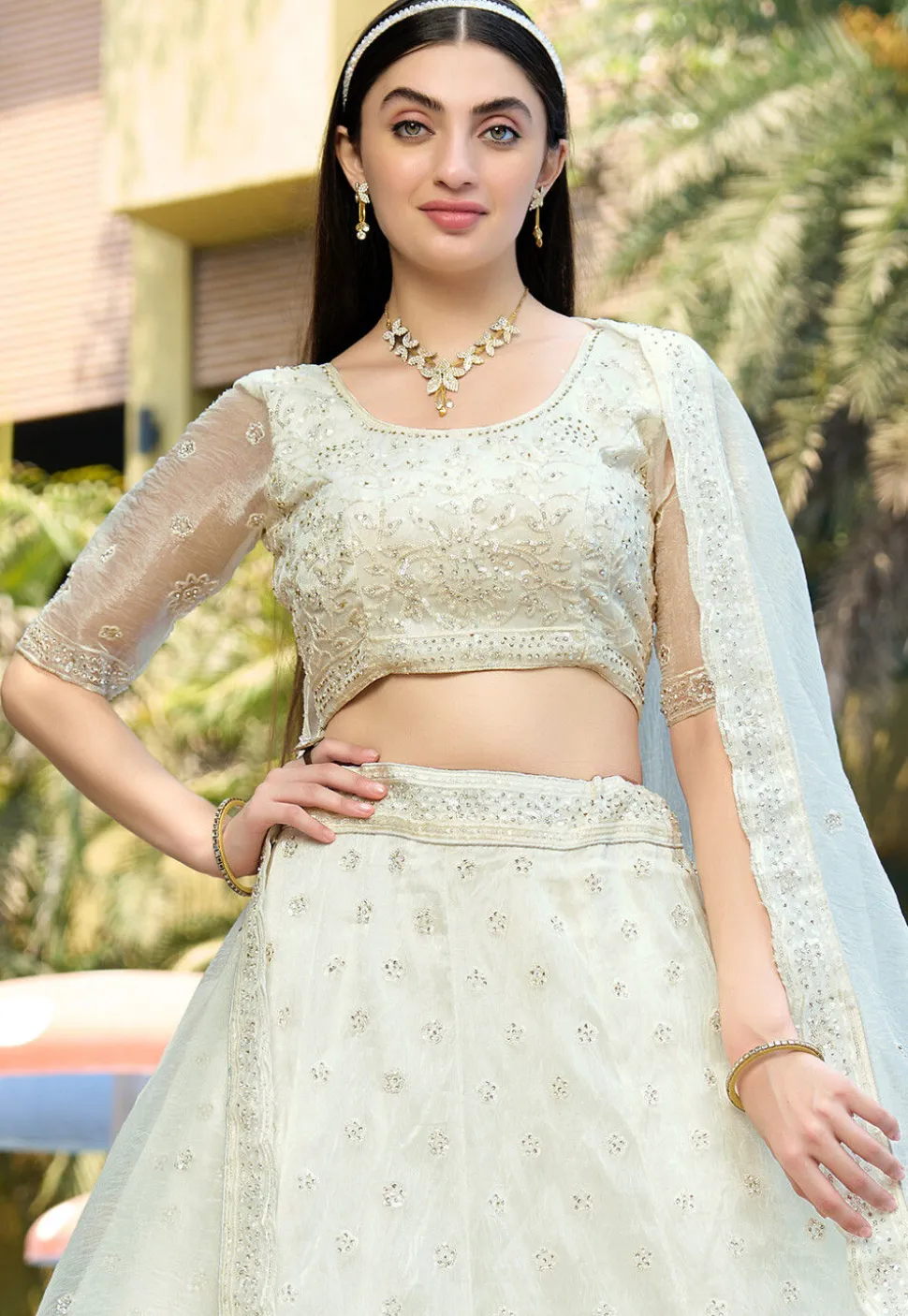 Embroidered Organza Lehenga in Off White