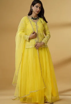 Embroidered Organza Lehenga in Yellow