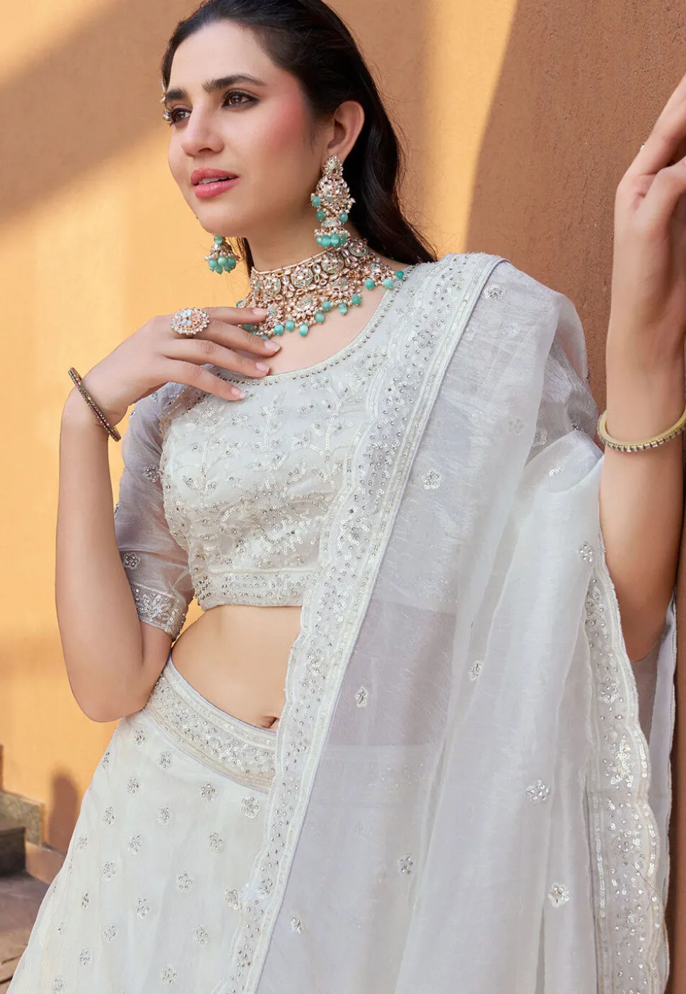 Embroidered Organza Lehenga in Off White