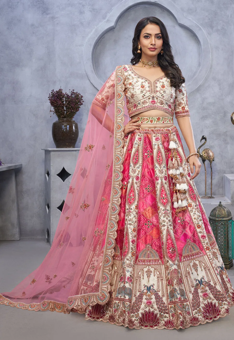 Embroidered Organza Lehenga in Pink