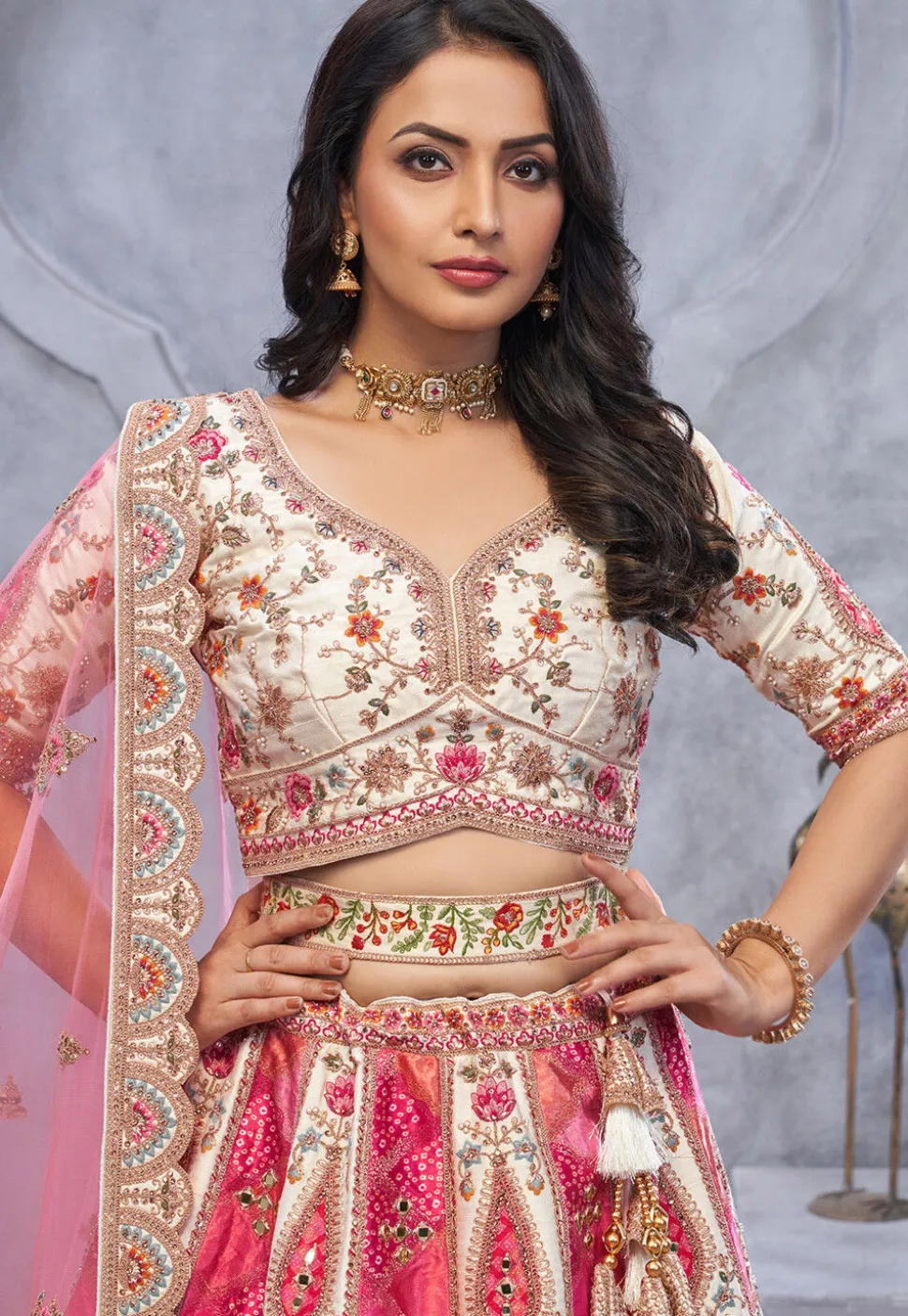 Embroidered Organza Lehenga in Pink
