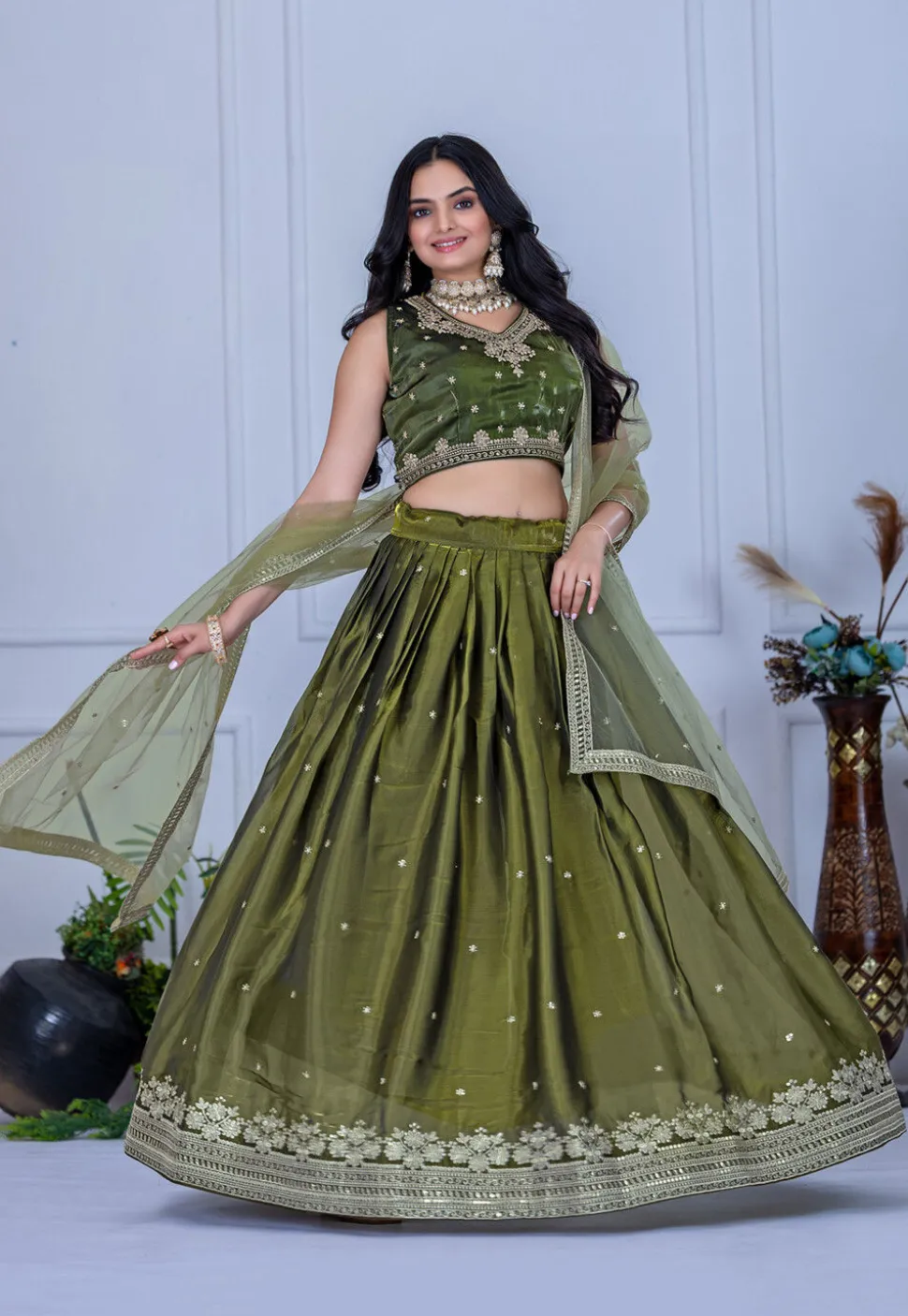 Embroidered Organza Lehenga in Olive Green