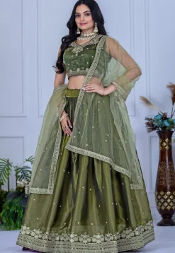 Embroidered Organza Lehenga in Olive Green
