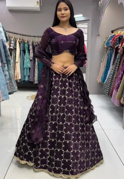 Embroidered Organza Lehenga in Wine