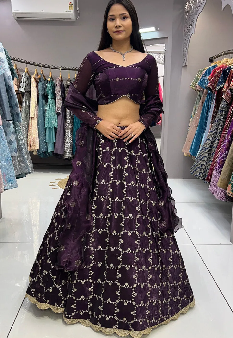Embroidered Organza Lehenga in Wine