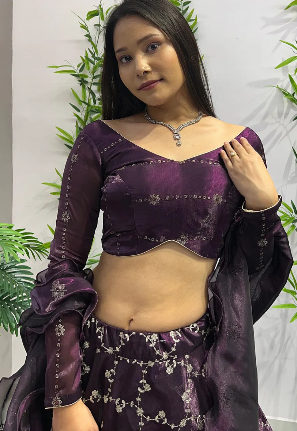 Embroidered Organza Lehenga in Wine