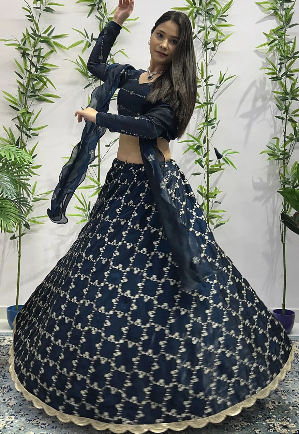 Embroidered Organza Lehenga in Navy Blue