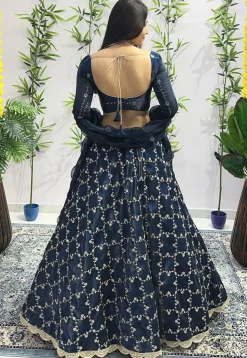 Embroidered Organza Lehenga in Navy Blue