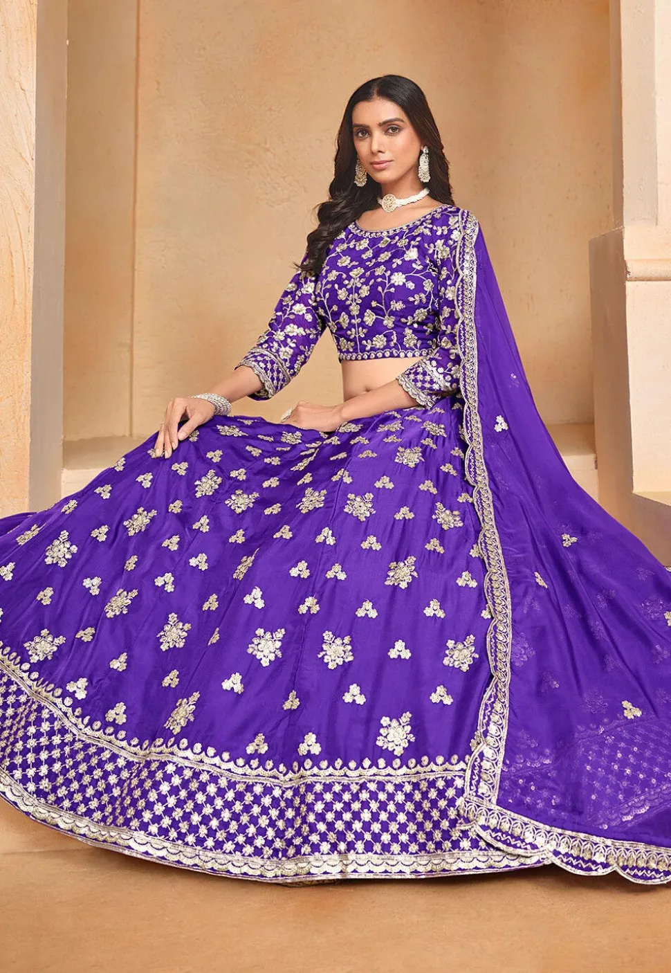 Embroidered Organza Lehenga in Purple