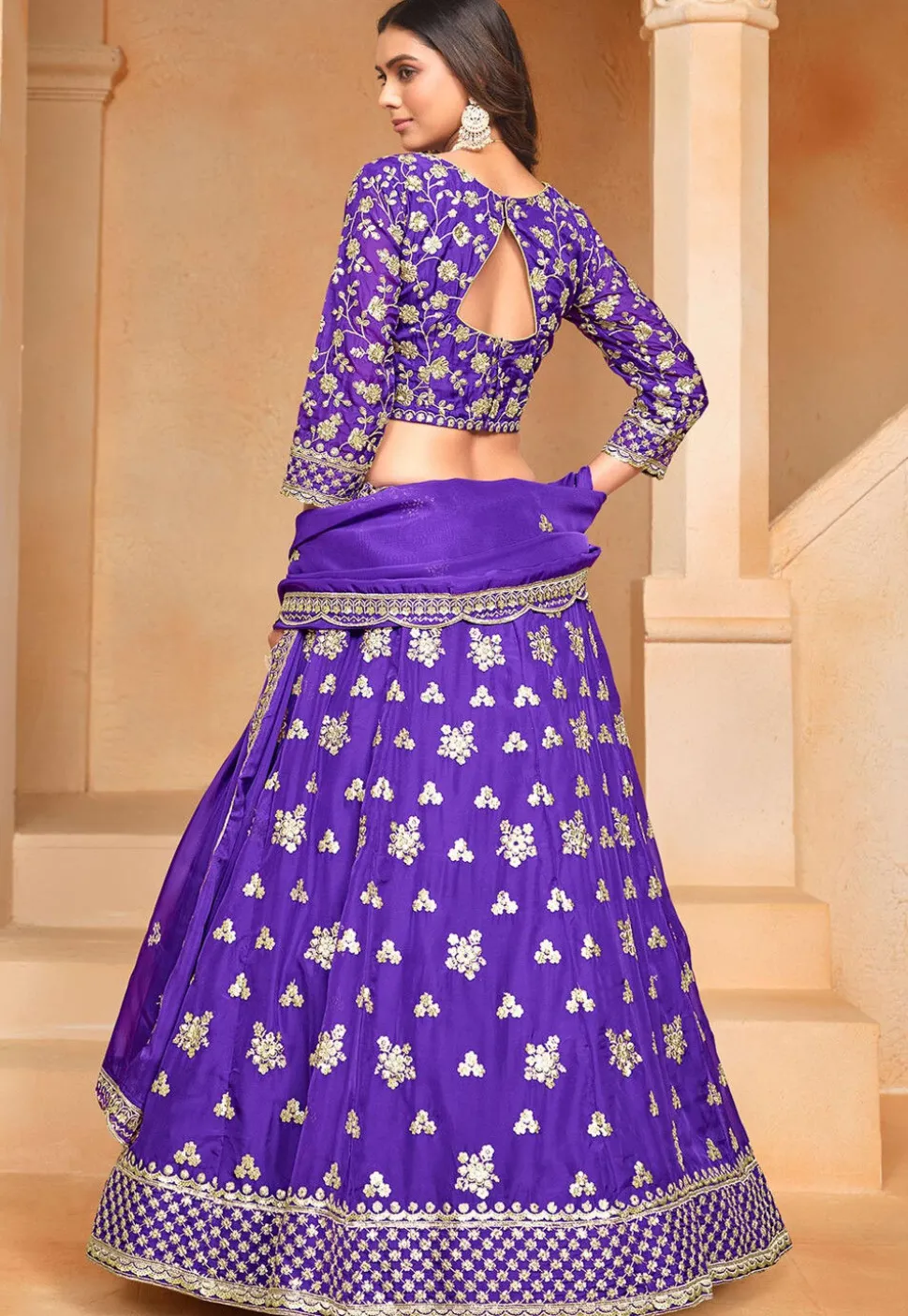Embroidered Organza Lehenga in Purple