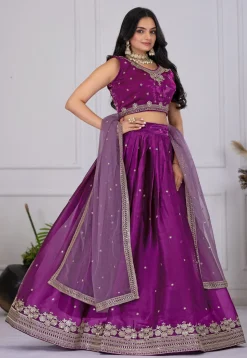 Embroidered Organza Lehenga in Purple