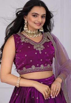 Embroidered Organza Lehenga in Purple