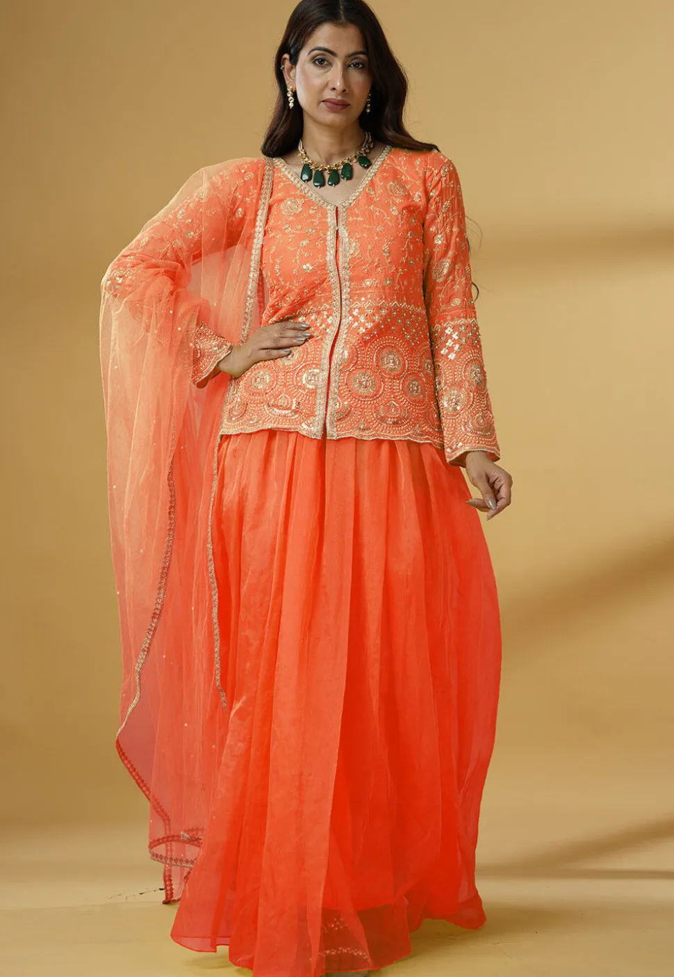 Embroidered Organza Lehenga in Orange