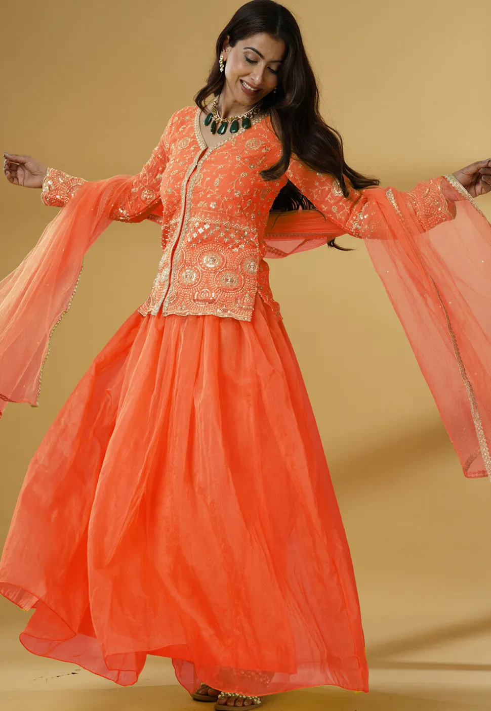 Embroidered Organza Lehenga in Orange