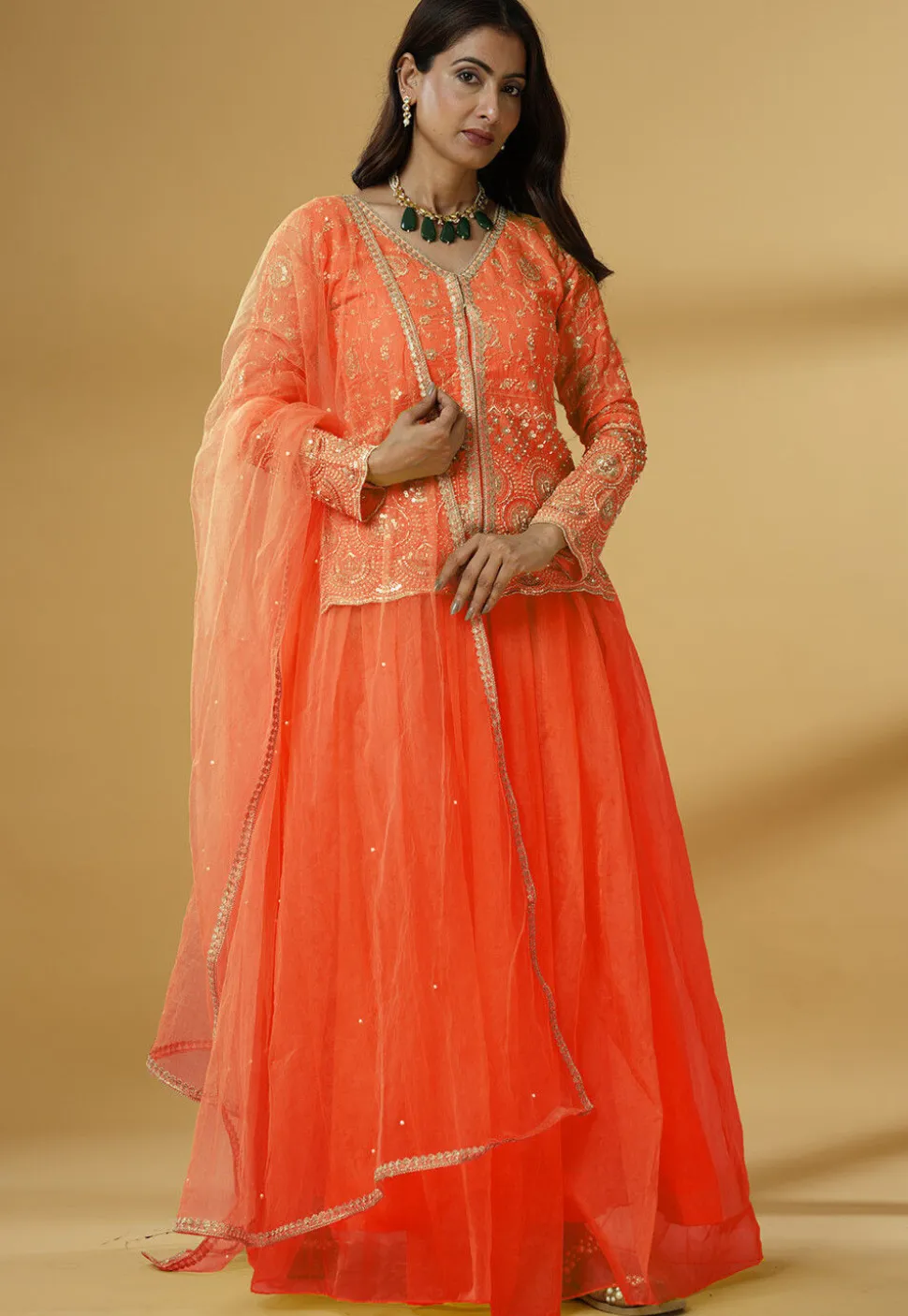 Embroidered Organza Lehenga in Orange