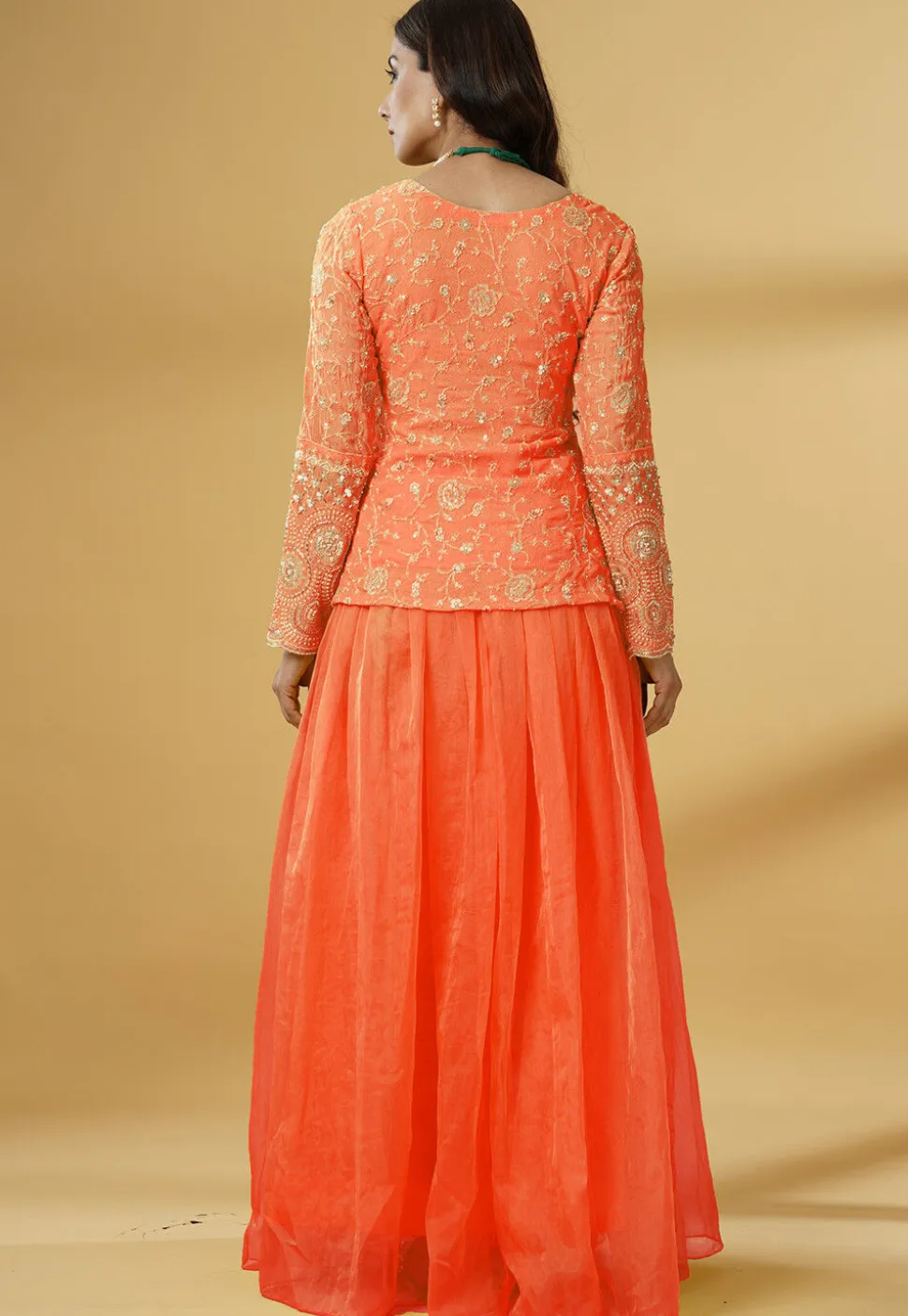 Embroidered Organza Lehenga in Orange