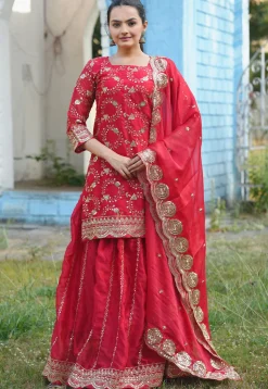 Embroidered Organza Lehenga in Red