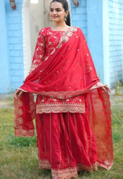 Embroidered Organza Lehenga in Red