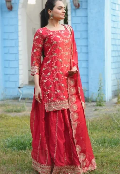 Embroidered Organza Lehenga in Red