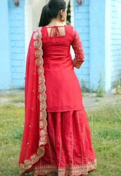 Embroidered Organza Lehenga in Red