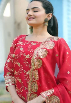 Embroidered Organza Lehenga in Red