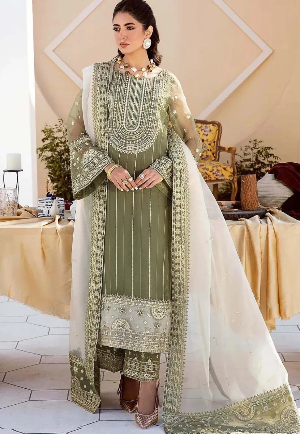 Embroidered Organza Pakistani Suit in Dusty Green