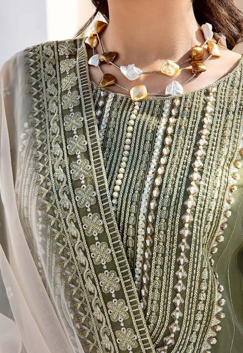 Embroidered Organza Pakistani Suit in Dusty Green