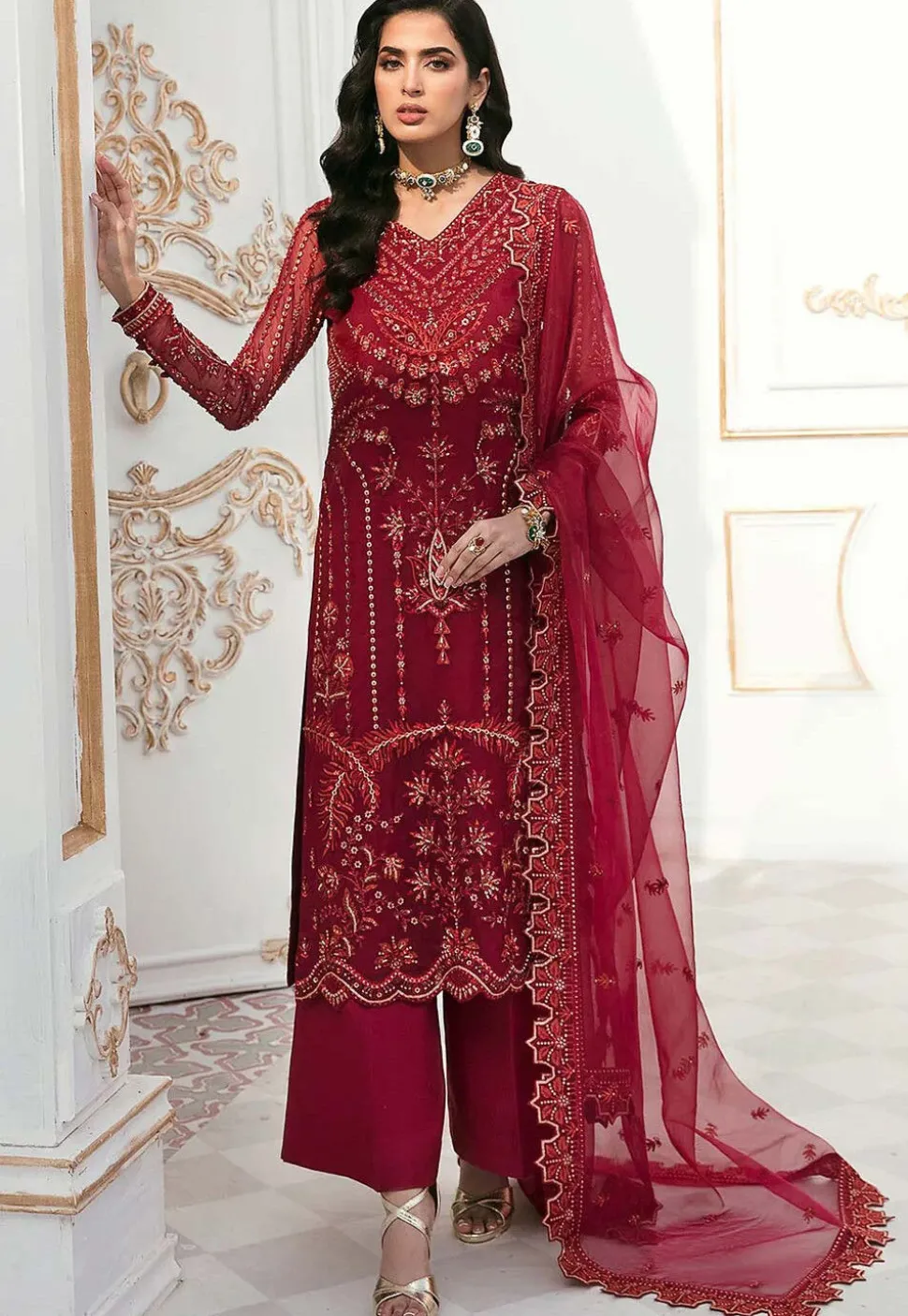 Embroidered Organza Pakistani Suit in Maroon