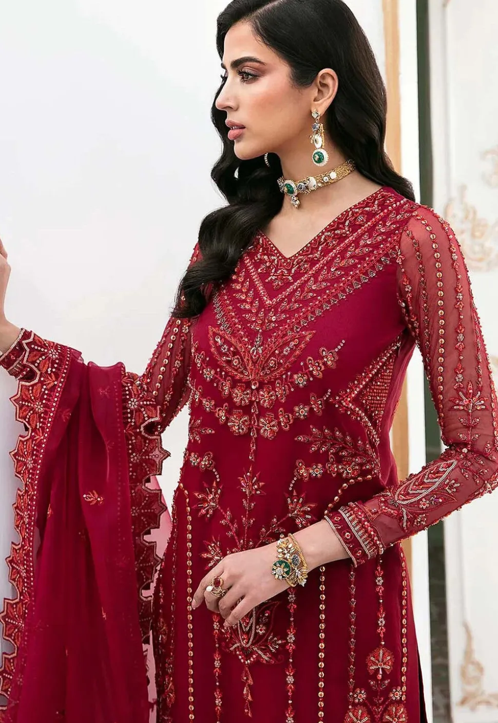 Embroidered Organza Pakistani Suit in Maroon