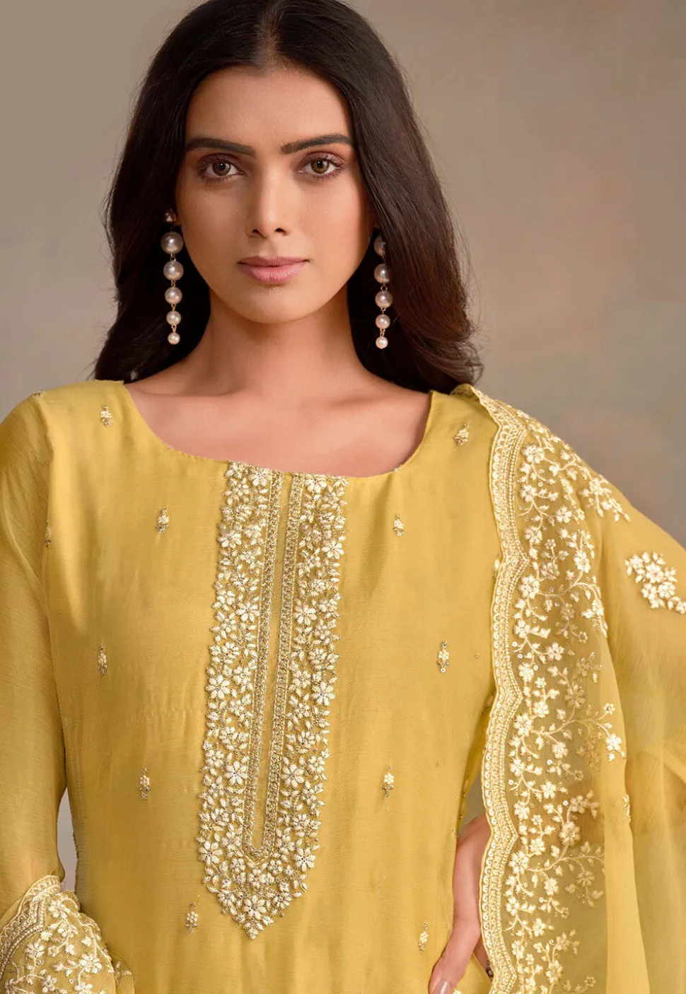Embroidered Organza Pakistani Suit in Yellow