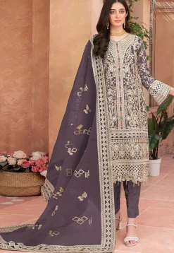 Embroidered Organza Pakistani Suit in Dark Purple