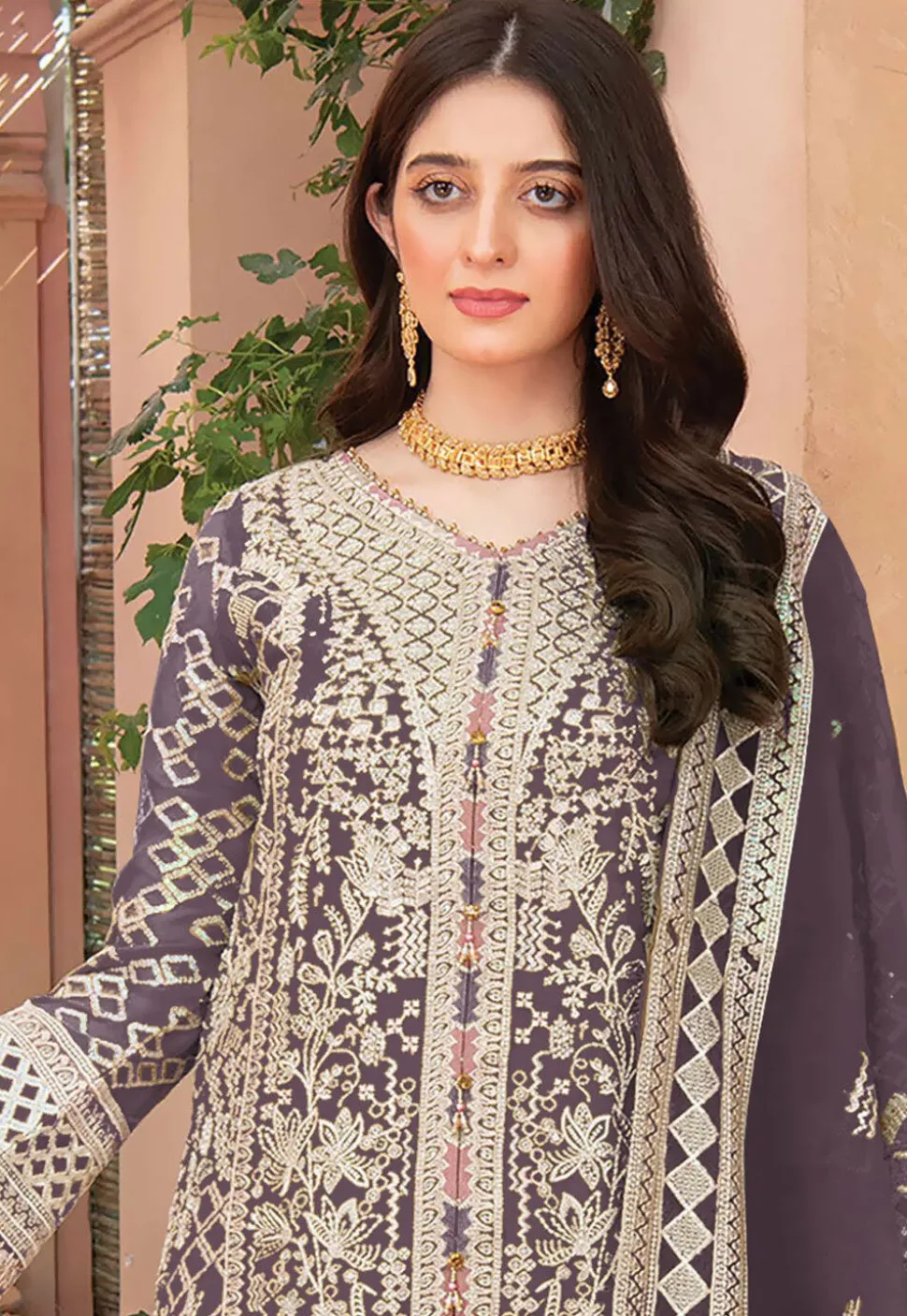Embroidered Organza Pakistani Suit in Dark Purple
