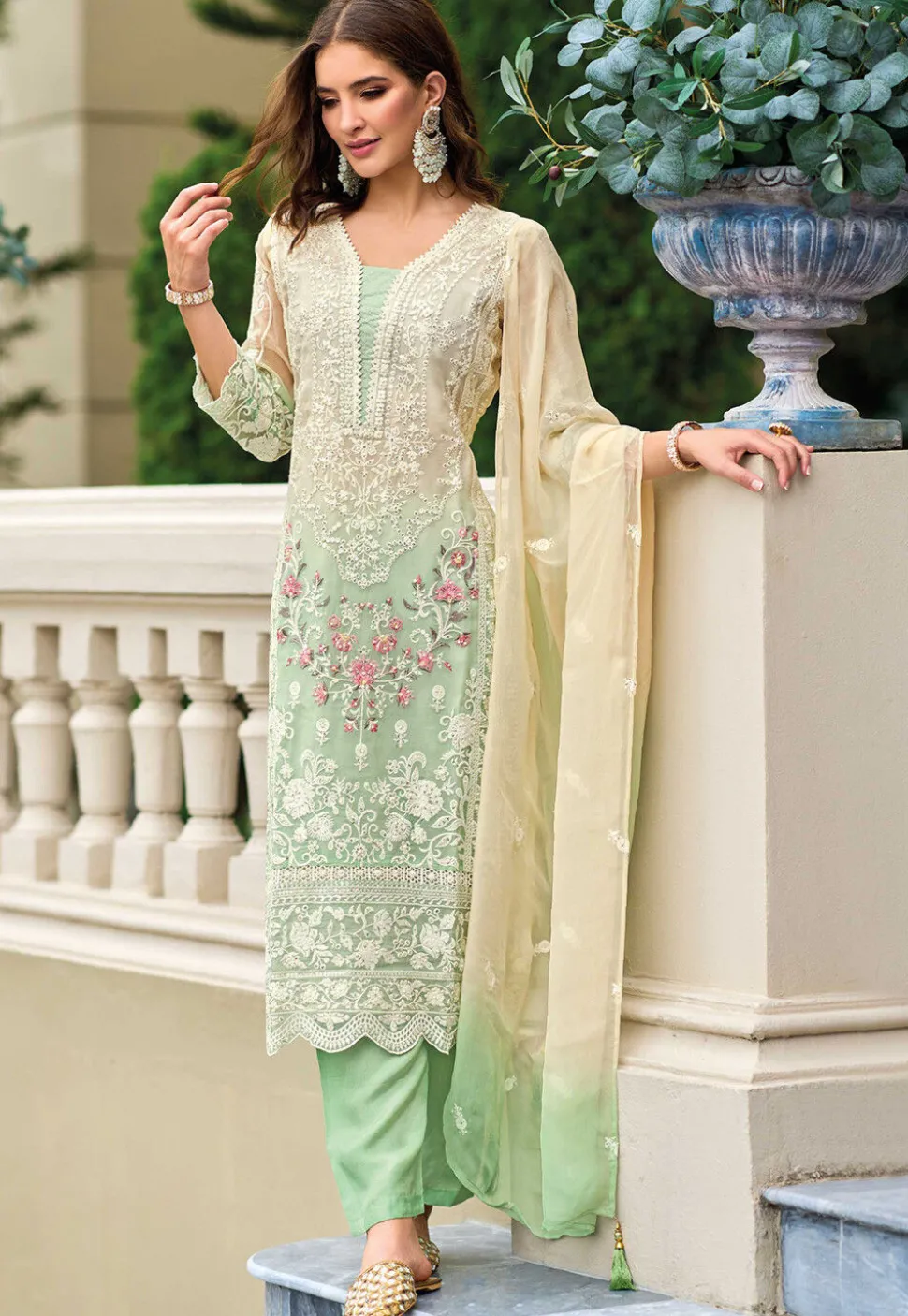 Embroidered Organza Pakistani Suit in Cream and Green