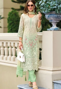 Embroidered Organza Pakistani Suit in Cream and Green