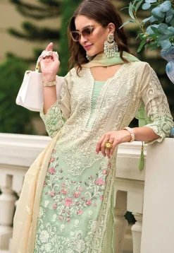 Embroidered Organza Pakistani Suit in Cream and Green